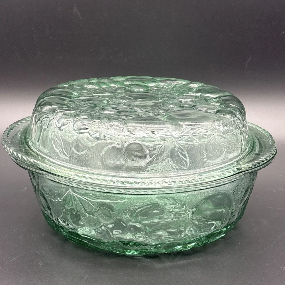 Vintage Libbey Orchard Fruit Green Glass 3-Quart Covered Casserole Ovenproof